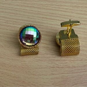 Vintage Watermelon rivoli rhinestone gold-plated mesh wrap-around cuff links.